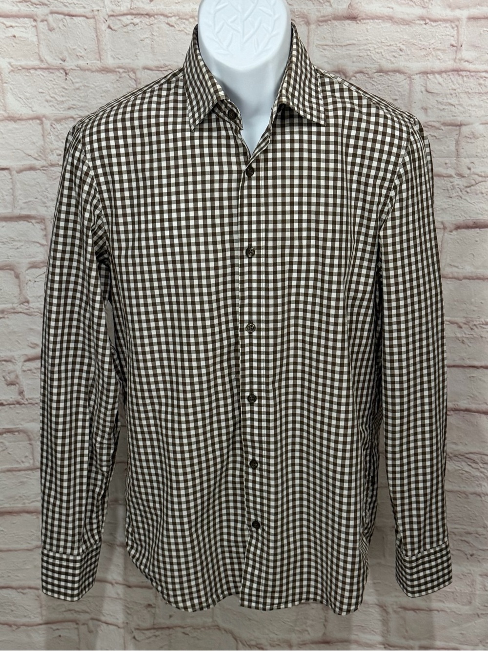 BOSS Hugo Boss Shirt Mens M Brown White Gingham Check Long Sleeve Button Up